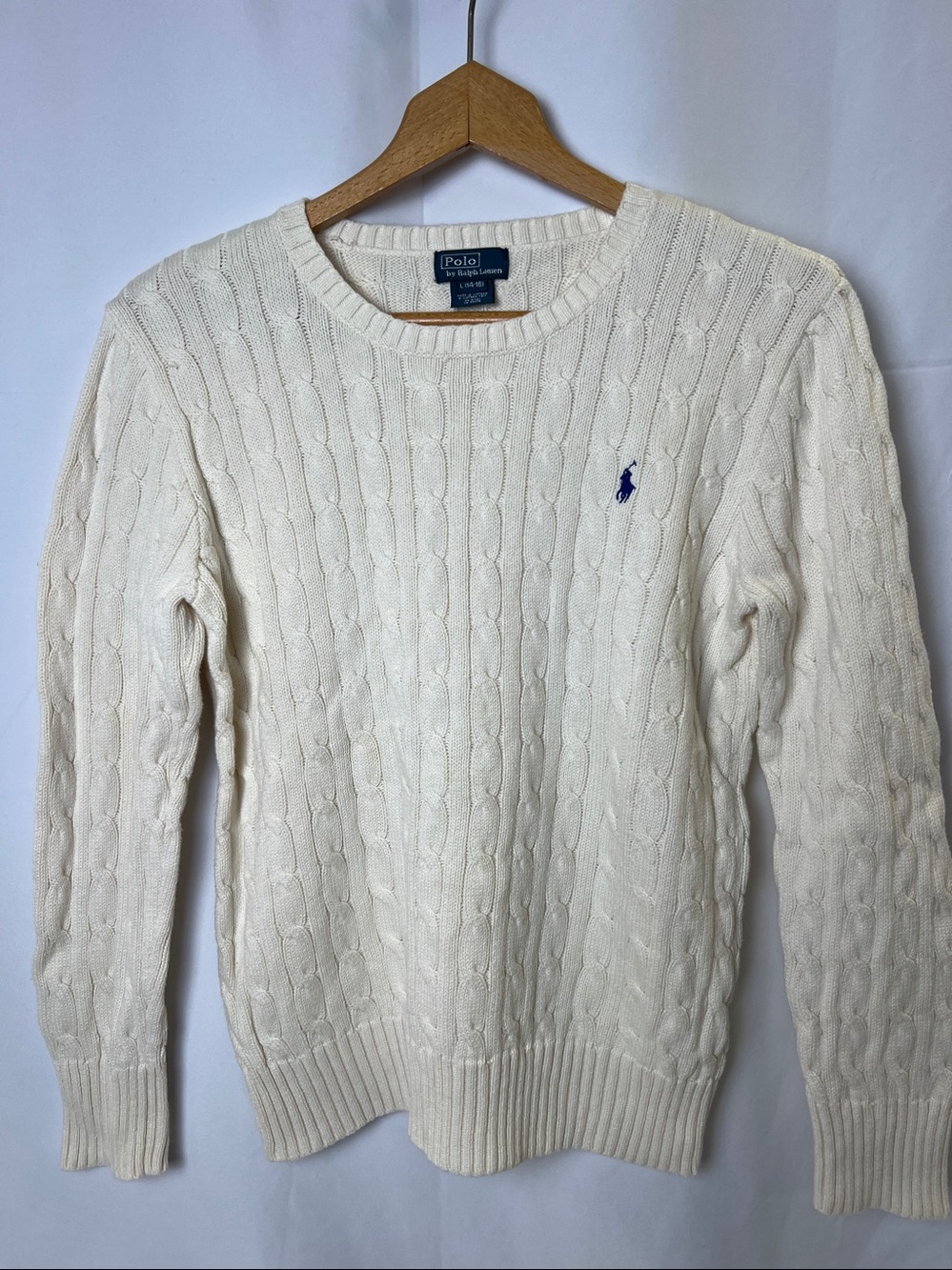 Polo by Ralph Lauren Cream Cable-Knit Crewneck Sweater Boys Size L 14-16 EUC